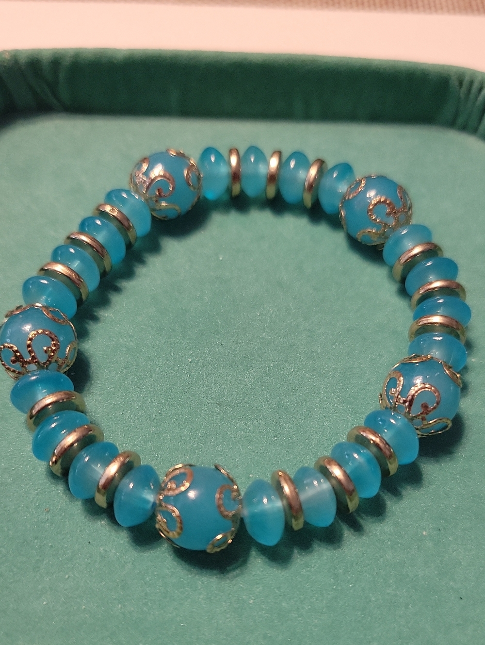 Blue Beaded Stretch Bracelet with Silver Accents
